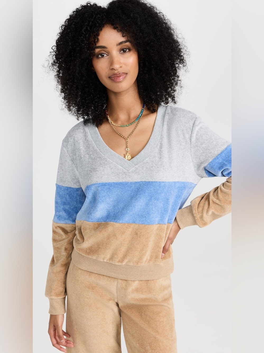 Suzie Kondi Vari Colorbock Velour V-Neck Long Sleeve Retro Top Size Medium